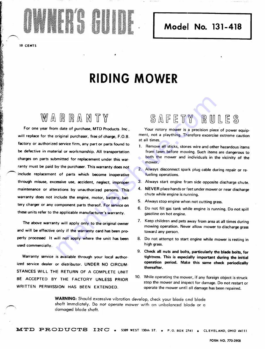 MTD 131-418 Скачать руководство пользователя страница 1