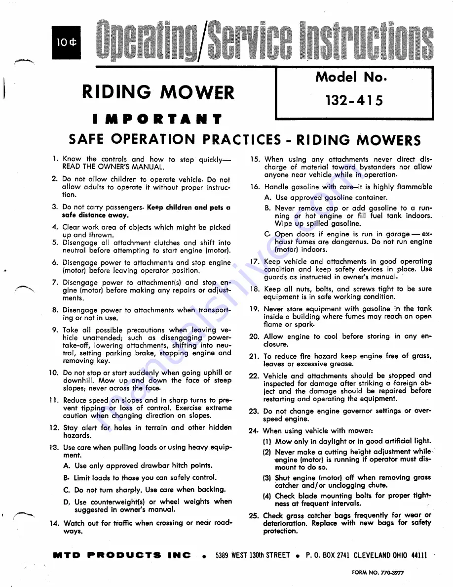 MTD 132-415 Operation & Service Manual Download Page 1