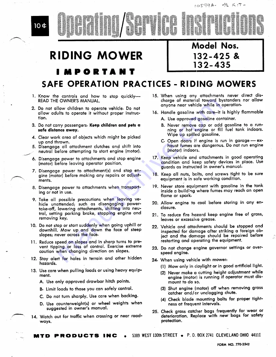 MTD 132-425 Operating Instructions Manual Download Page 1