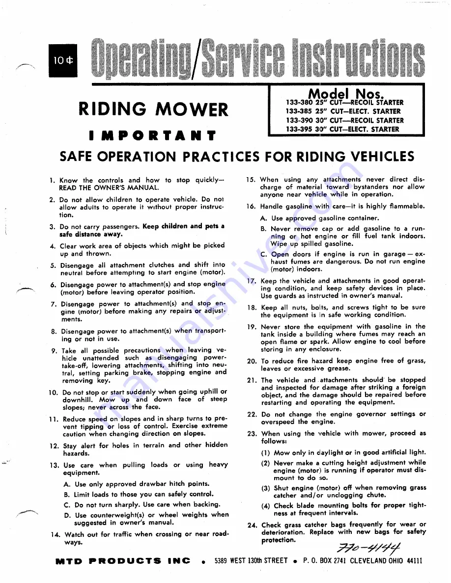 MTD 133-380 Operating/Service Instructions Manual Download Page 1