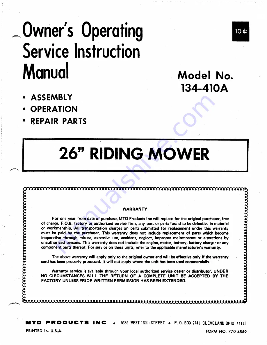 MTD 134-410A Owner'S Operating Service Instruction Manual Download Page 1