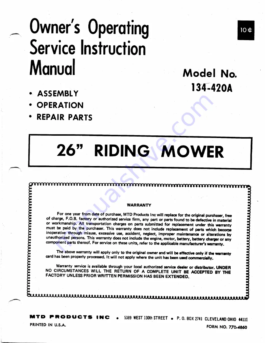 MTD 134-420A Owner'S Operating Service Instruction Manual Download Page 1