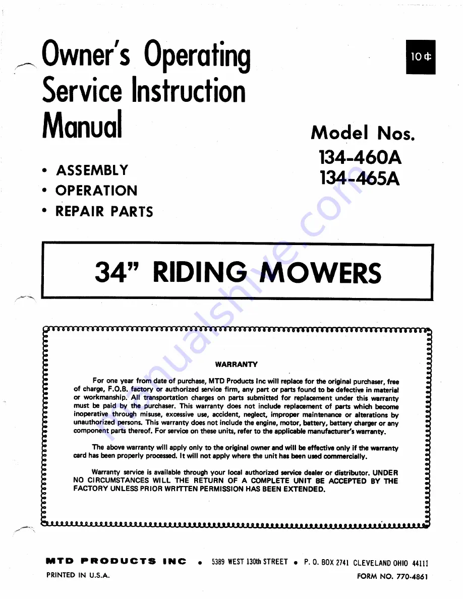 MTD 134-460A Owner'S Operating Service Instruction Manual Download Page 1