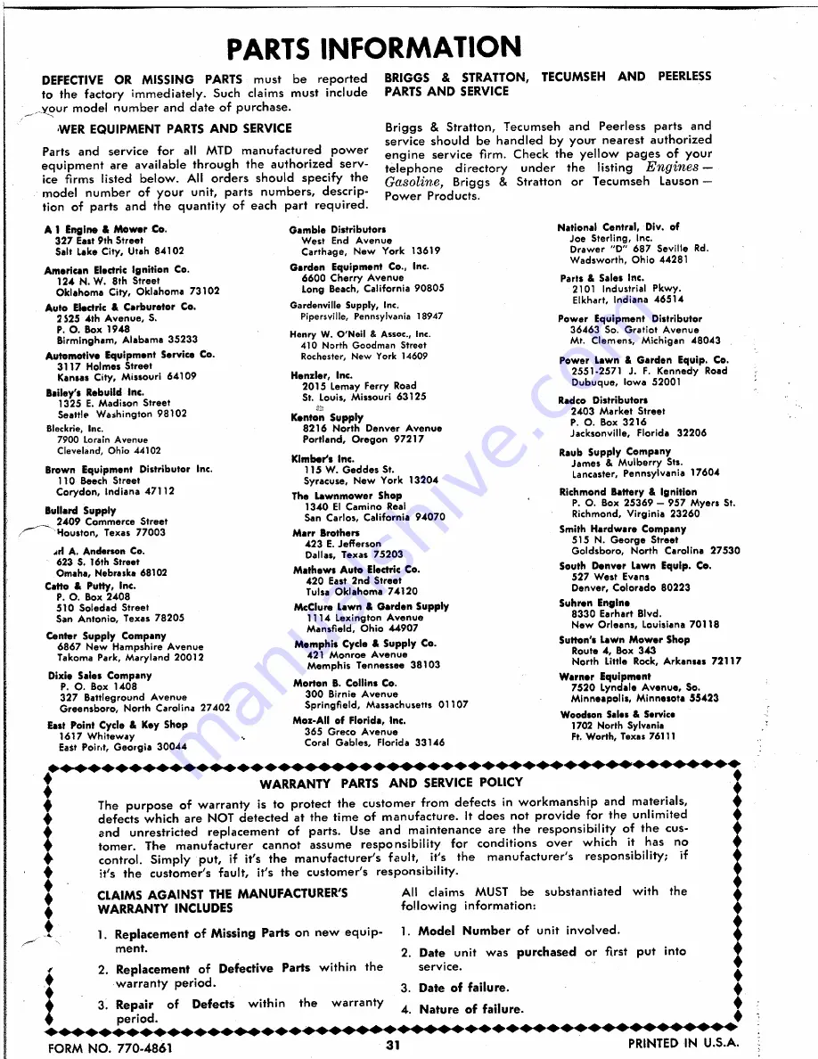 MTD 134-460A Owner'S Operating Service Instruction Manual Download Page 31