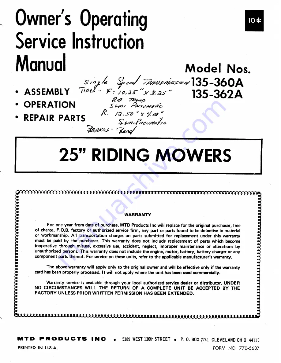 MTD 135-360A Owner'S Operating Service Instruction Manual Download Page 1