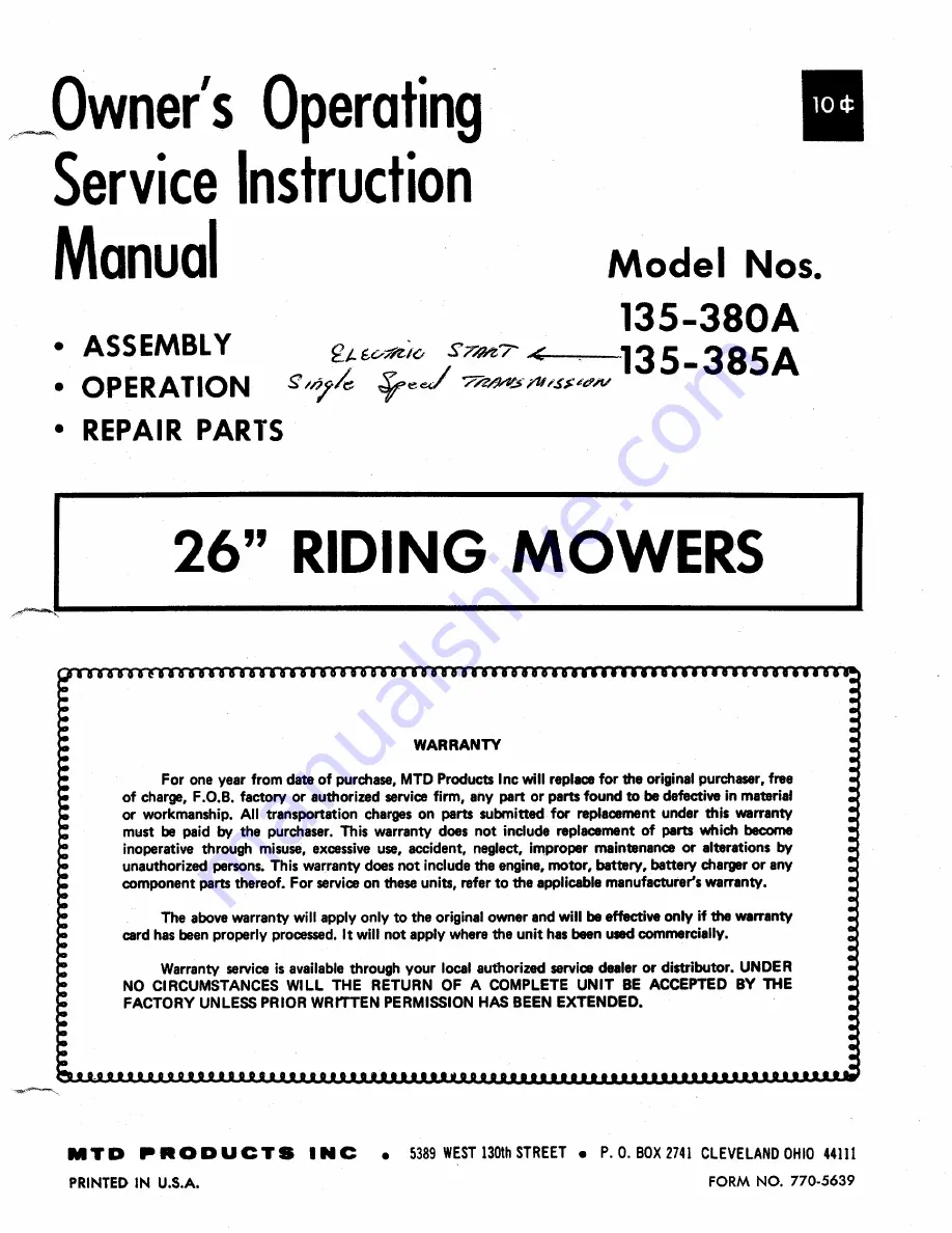 MTD 135-380A Owner'S Operating Service Instruction Manual Download Page 1