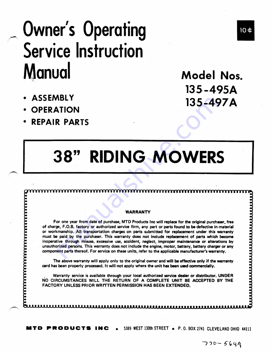 MTD 135-495A Owner'S Operating Service Instruction Manual Download Page 1