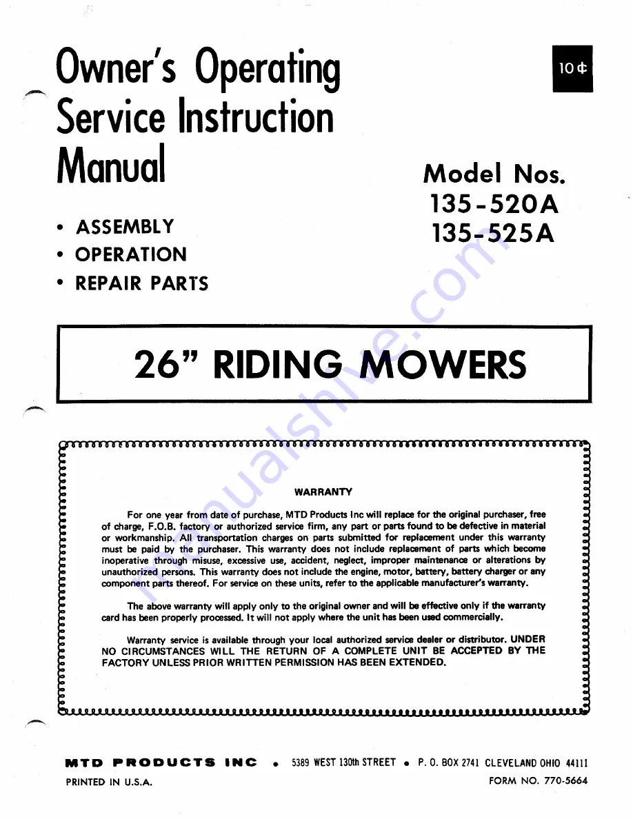 MTD 135-520A Owner'S Operating Service Instruction Manual Download Page 1