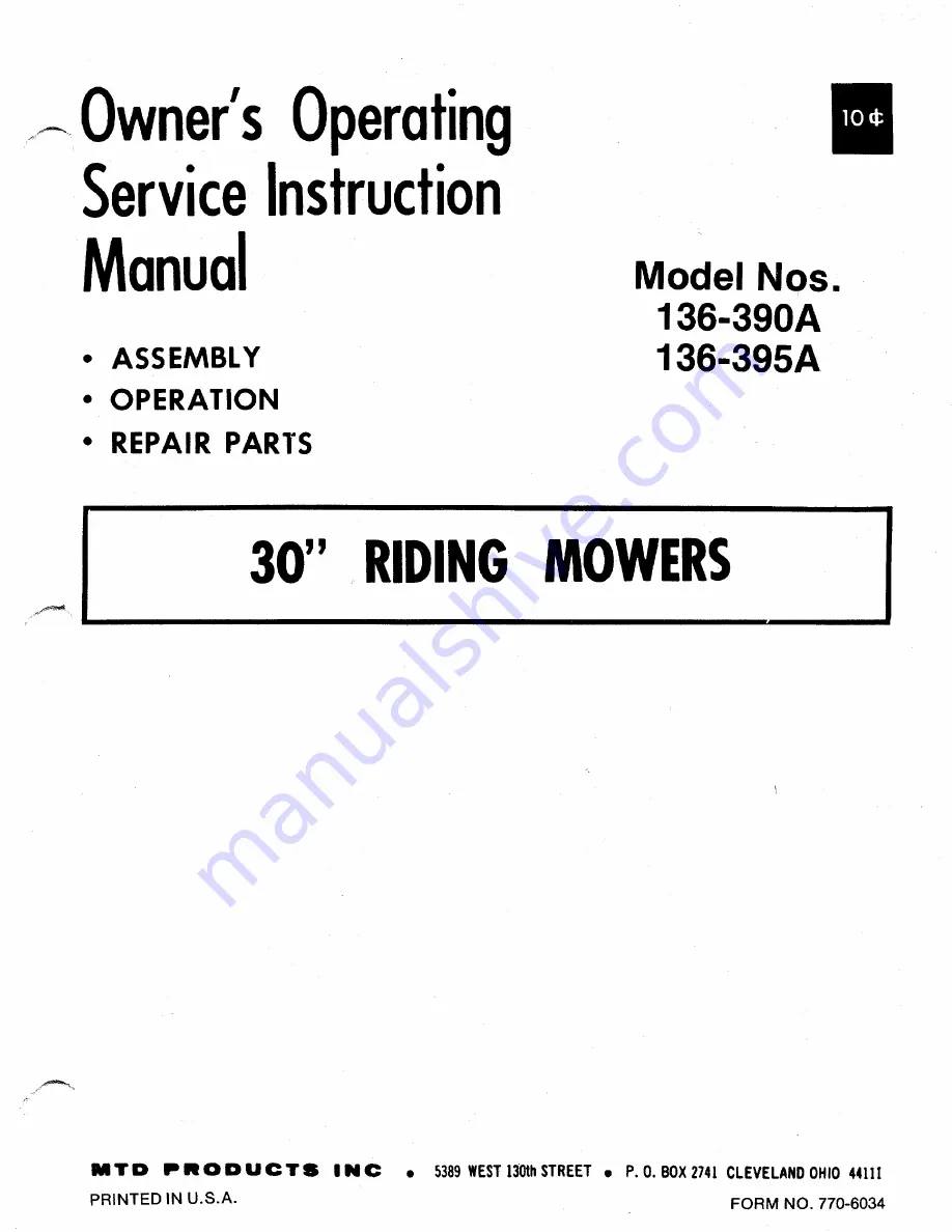 MTD 136-390A Owner'S Operating Service Instruction Manual Download Page 1