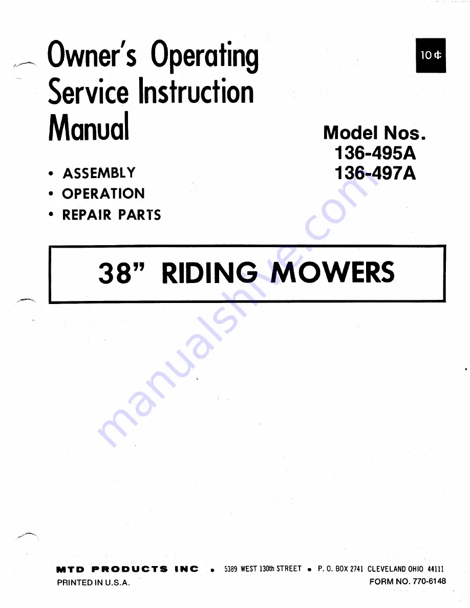 MTD 136-495A Owner'S Operating Service Instruction Manual Download Page 1