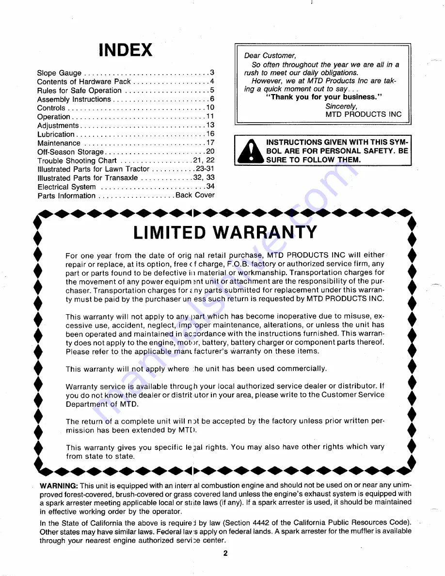 MTD 138-320-000 Owner'S Manual Download Page 2