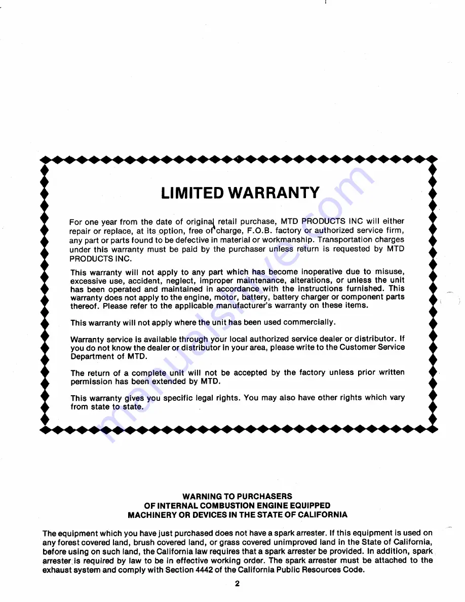 MTD 138-360A Owner'S Manual Download Page 2