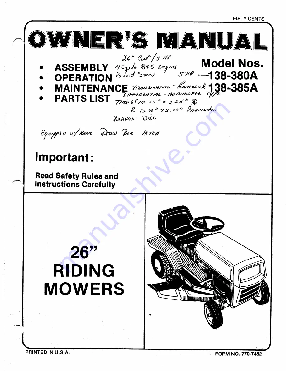 MTD 138-380A Owner'S Manual Download Page 1