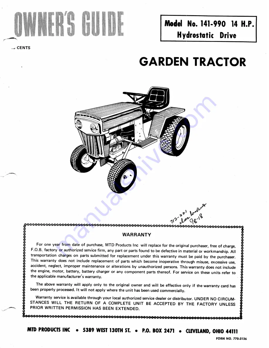 MTD 141-990 Owner'S Manual Download Page 1