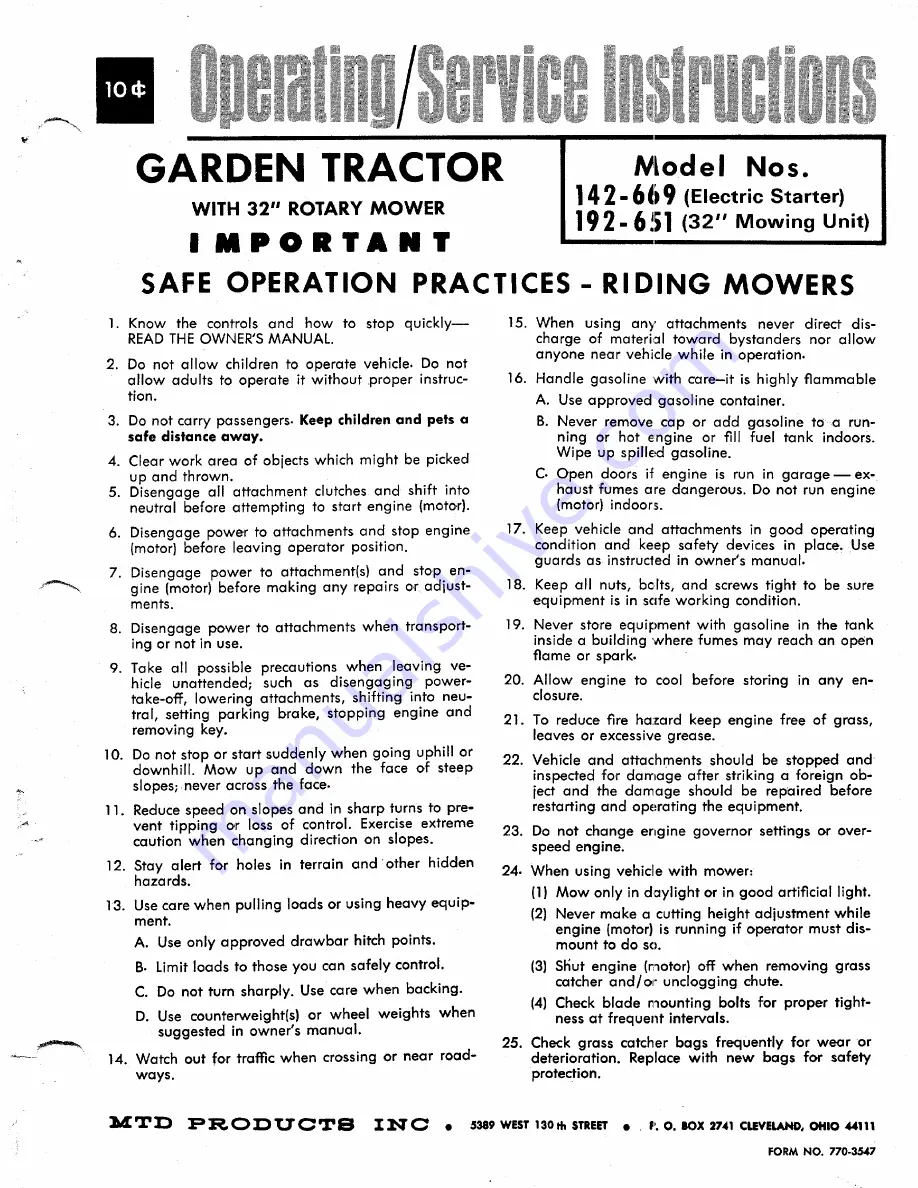 MTD 142-669 Operating/Service Instructions Manual Download Page 1