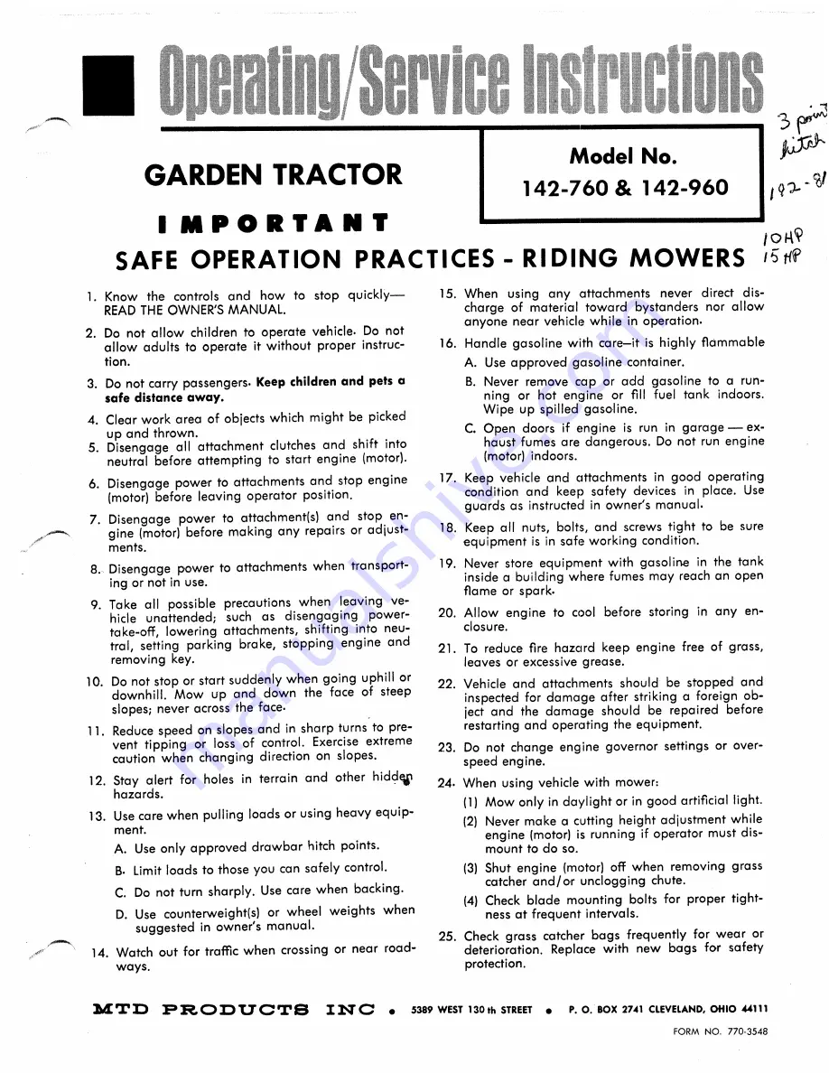 MTD 142-760 Operating/Service Instructions Manual Download Page 1