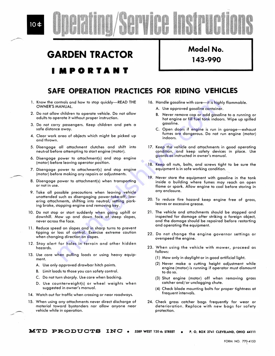 MTD 143-990 Operating/Service Instructions Manual Download Page 1