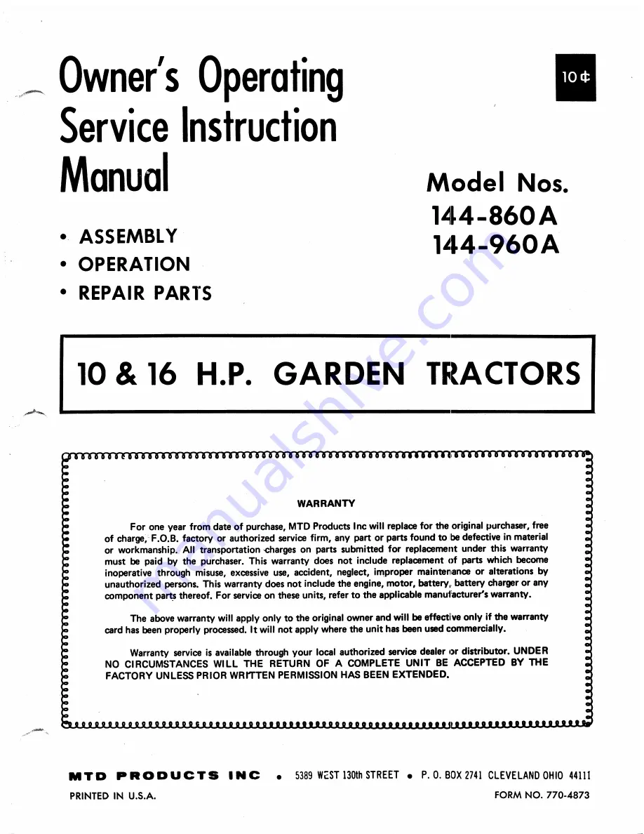 MTD 144-860A Owner'S Operating Service Instruction Manual Download Page 1