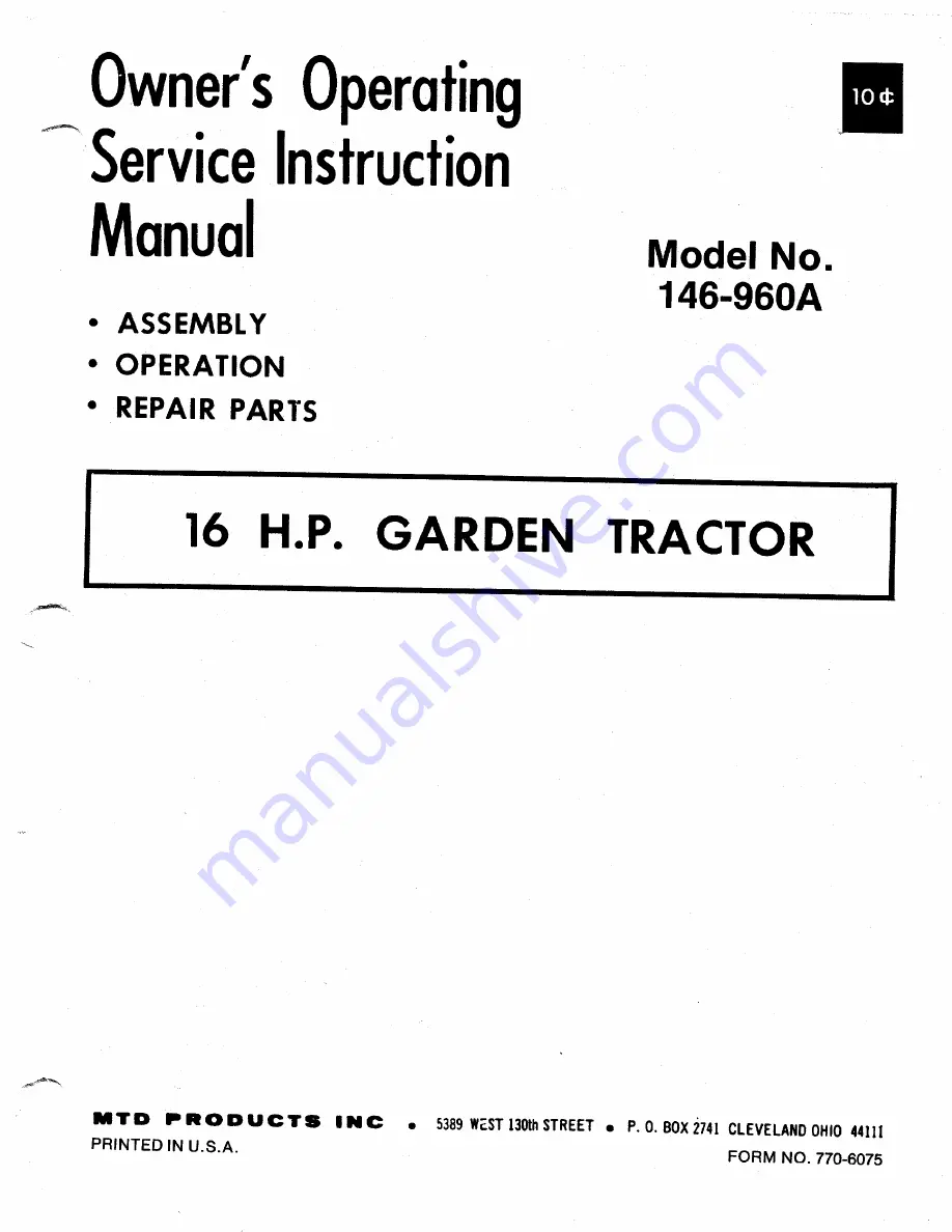 MTD 146-960A Owner'S Operating Service Instruction Manual Download Page 1