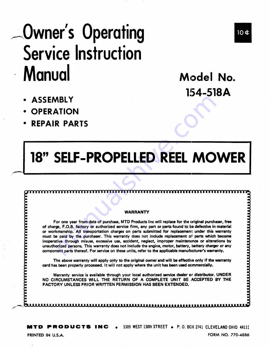 MTD 154-518A Owner'S Operating Service Instruction Manual Download Page 1