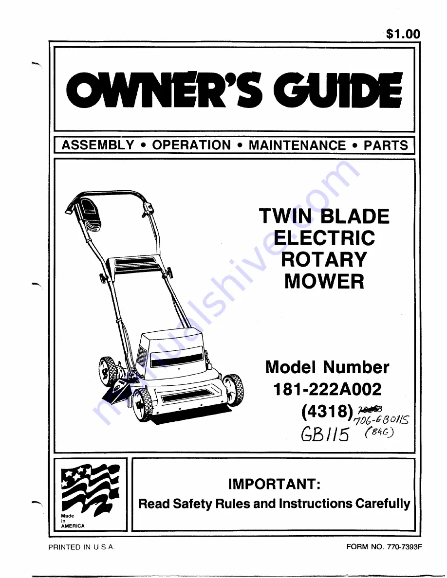 MTD 181-222A002 Owner'S Manual Download Page 1