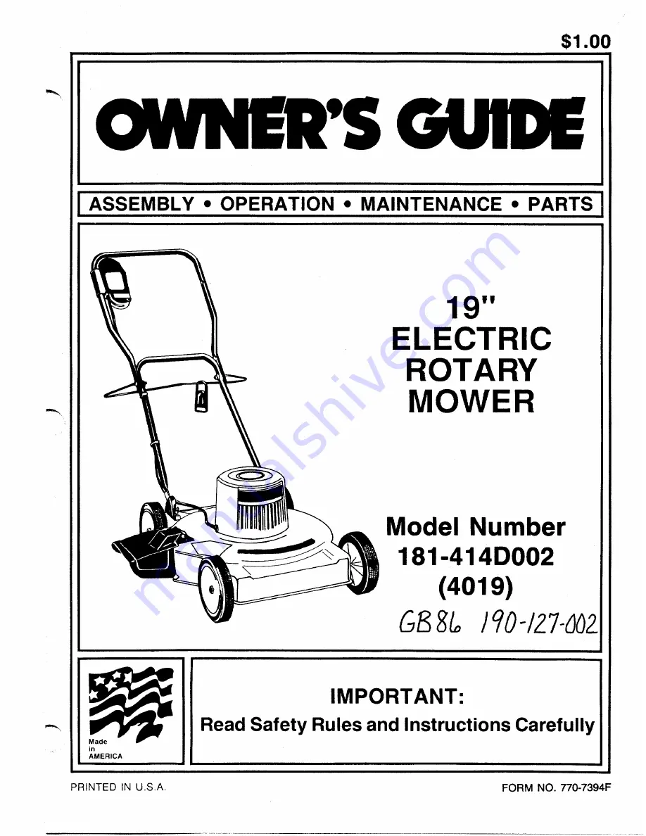 MTD 181-414D002 Owner'S Manual Download Page 1