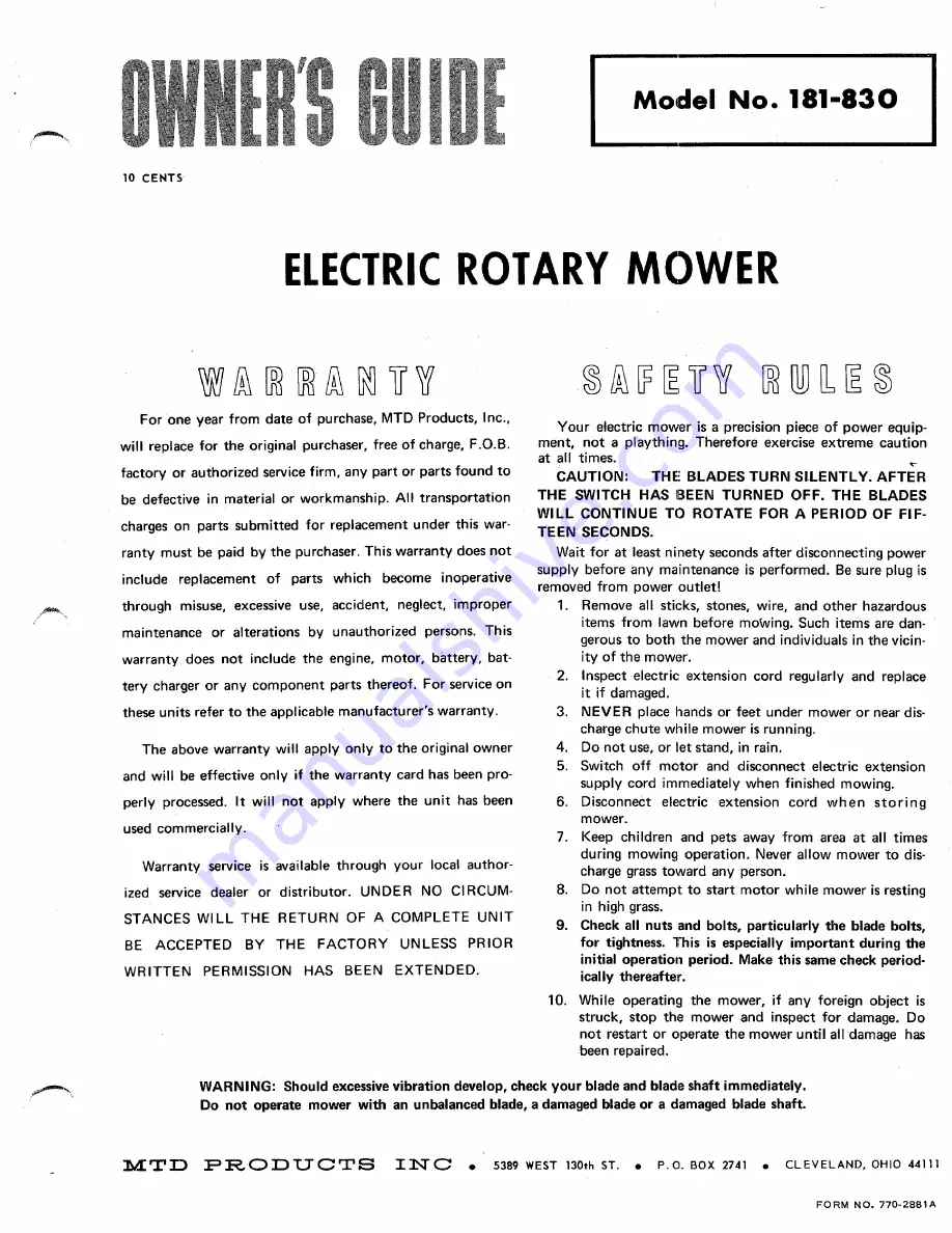 MTD 181-830 Owner'S Manual Download Page 1