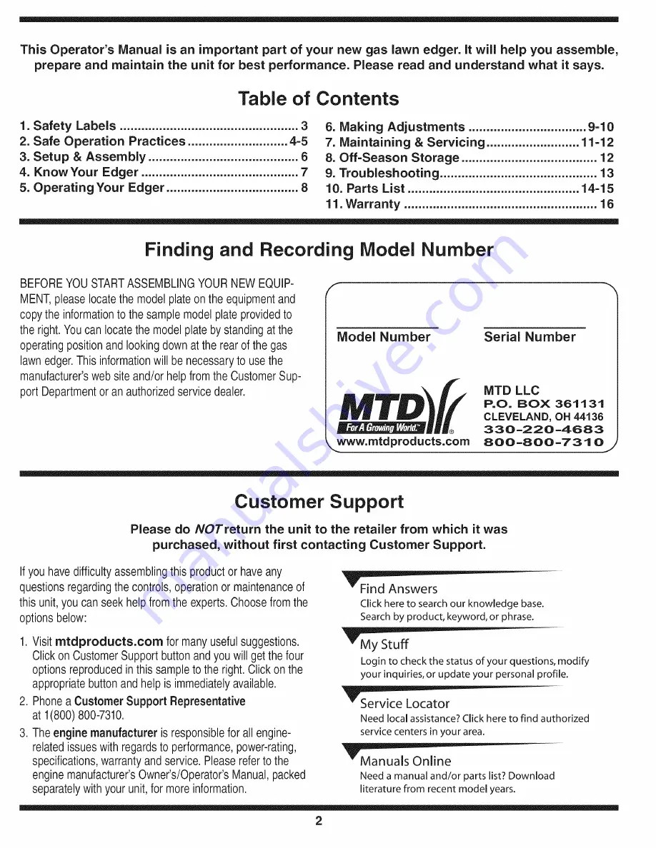 MTD 25B-520A700 Operator'S Manual Download Page 2