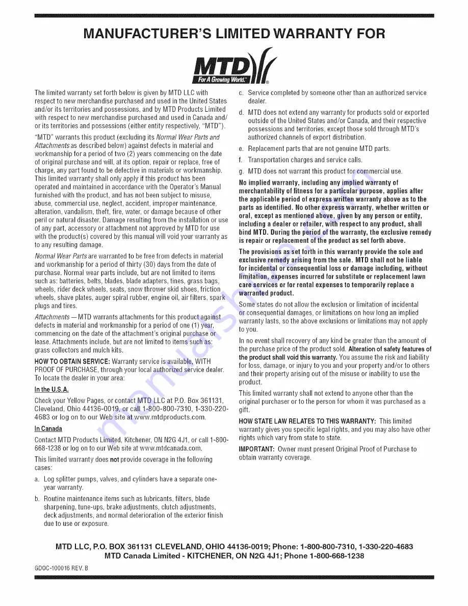 MTD 46M9 Operator'S Manual Download Page 36