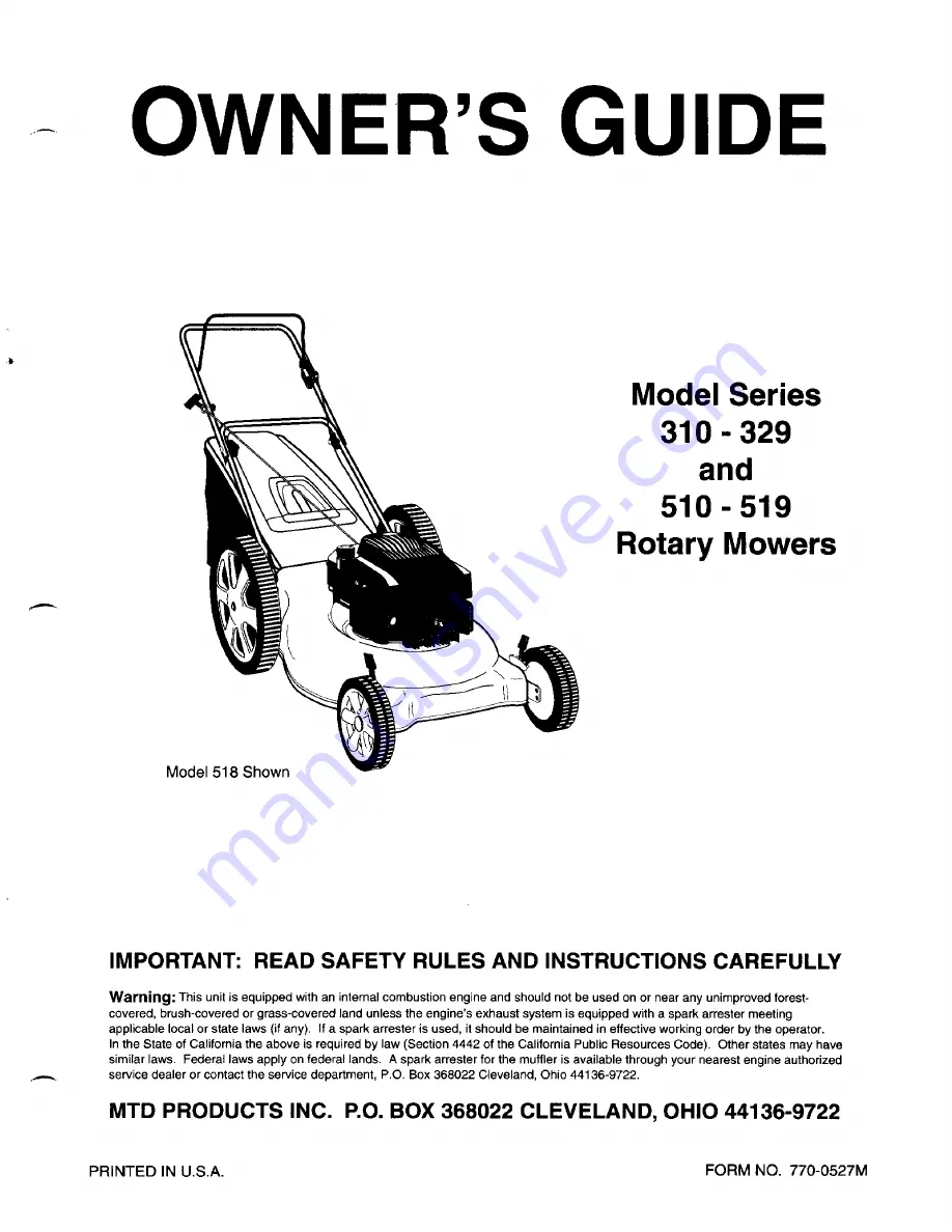 MTD 510-519 Series Owner'S Manual Download Page 1