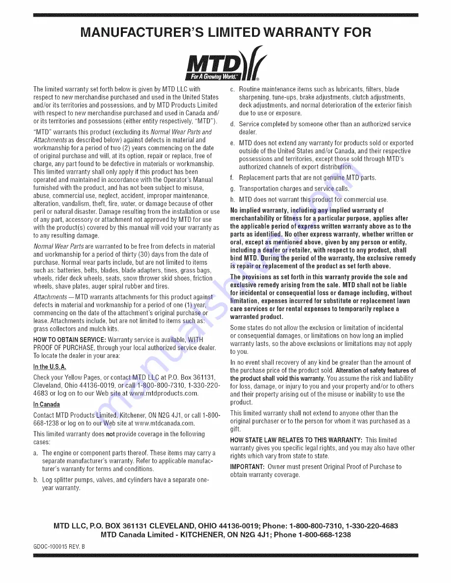 MTD 58K Operator'S Manual Download Page 20