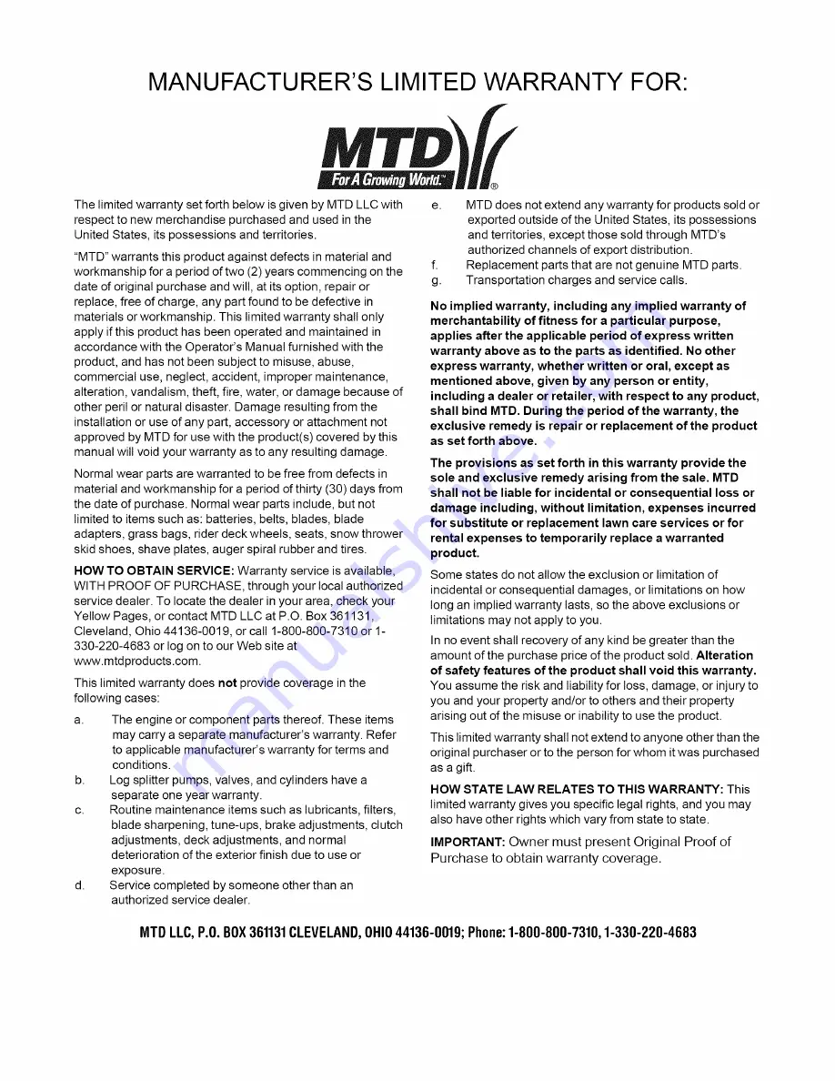 MTD 997 Operator'S Manual Download Page 36