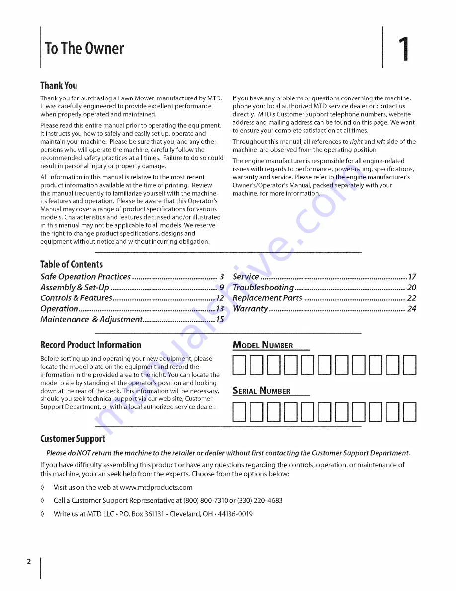 MTD Series V560 Operator'S Manual Download Page 2