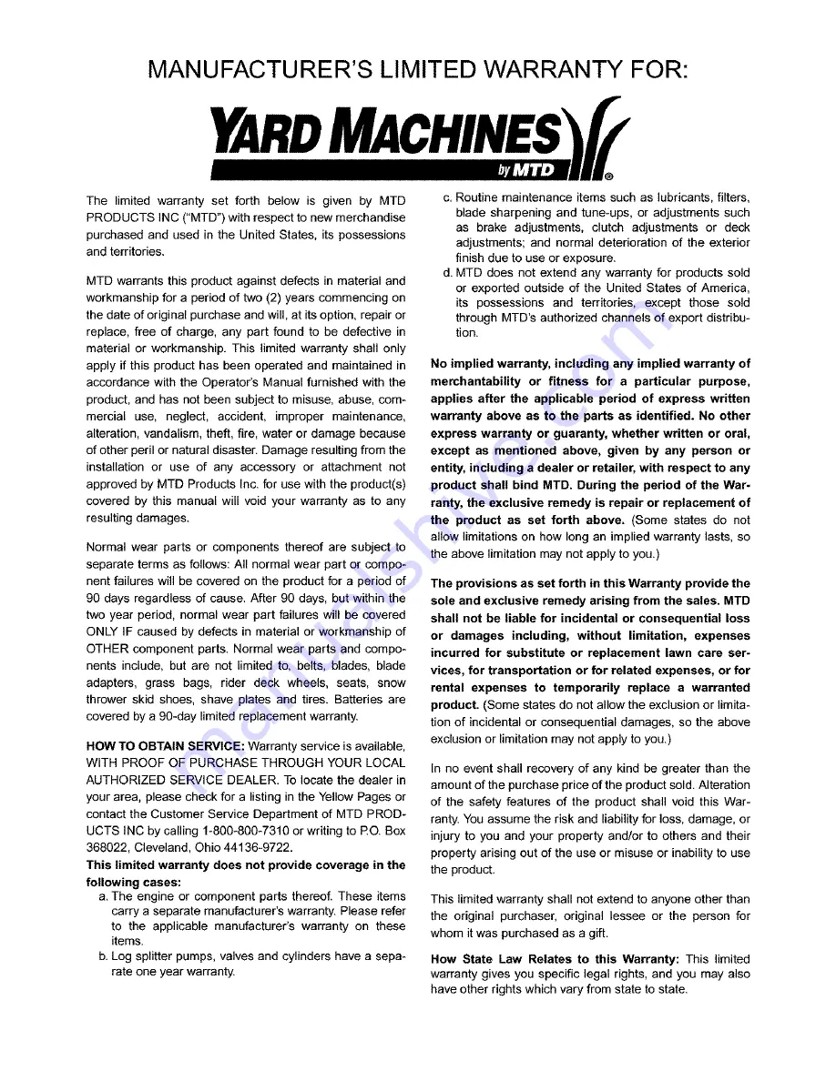 MTD Yard Machines 410 Series Operator'S Manual Download Page 20