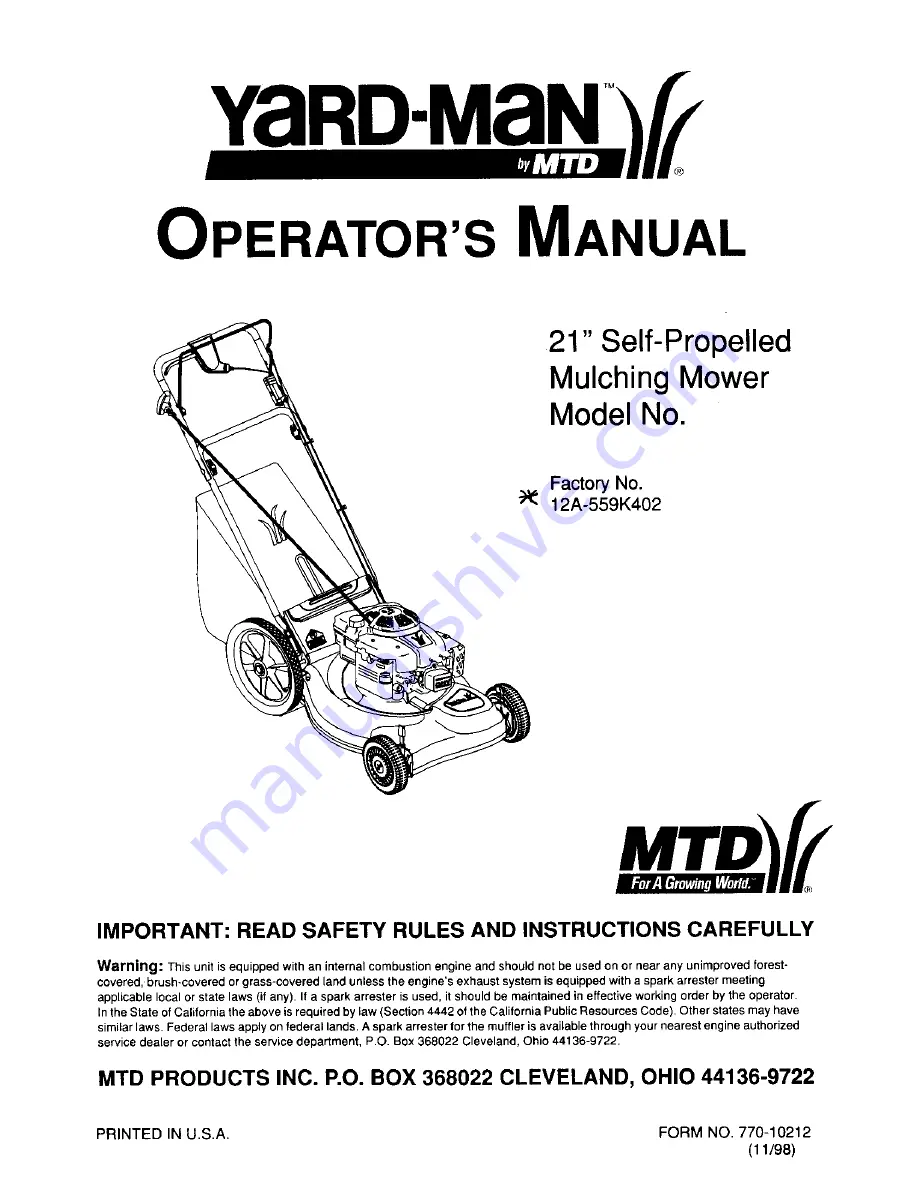 MTD Yard-Man 12A-559K402 Operator'S Manual Download Page 1