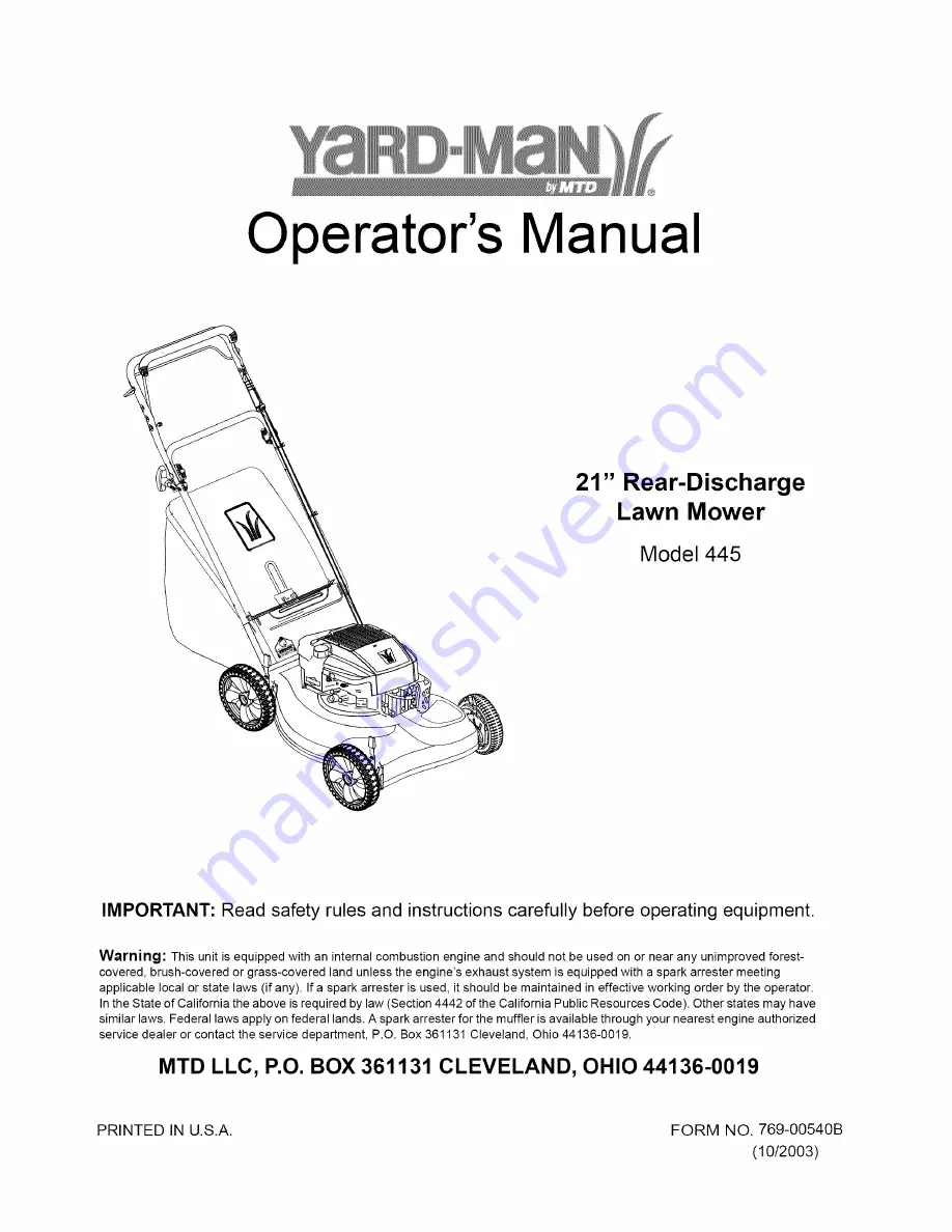 MTD Yard-Man 445 Скачать руководство пользователя страница 1