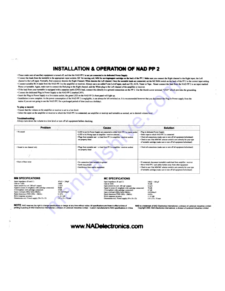 NAD PP-2 Installation & Operation Manual Download Page 2