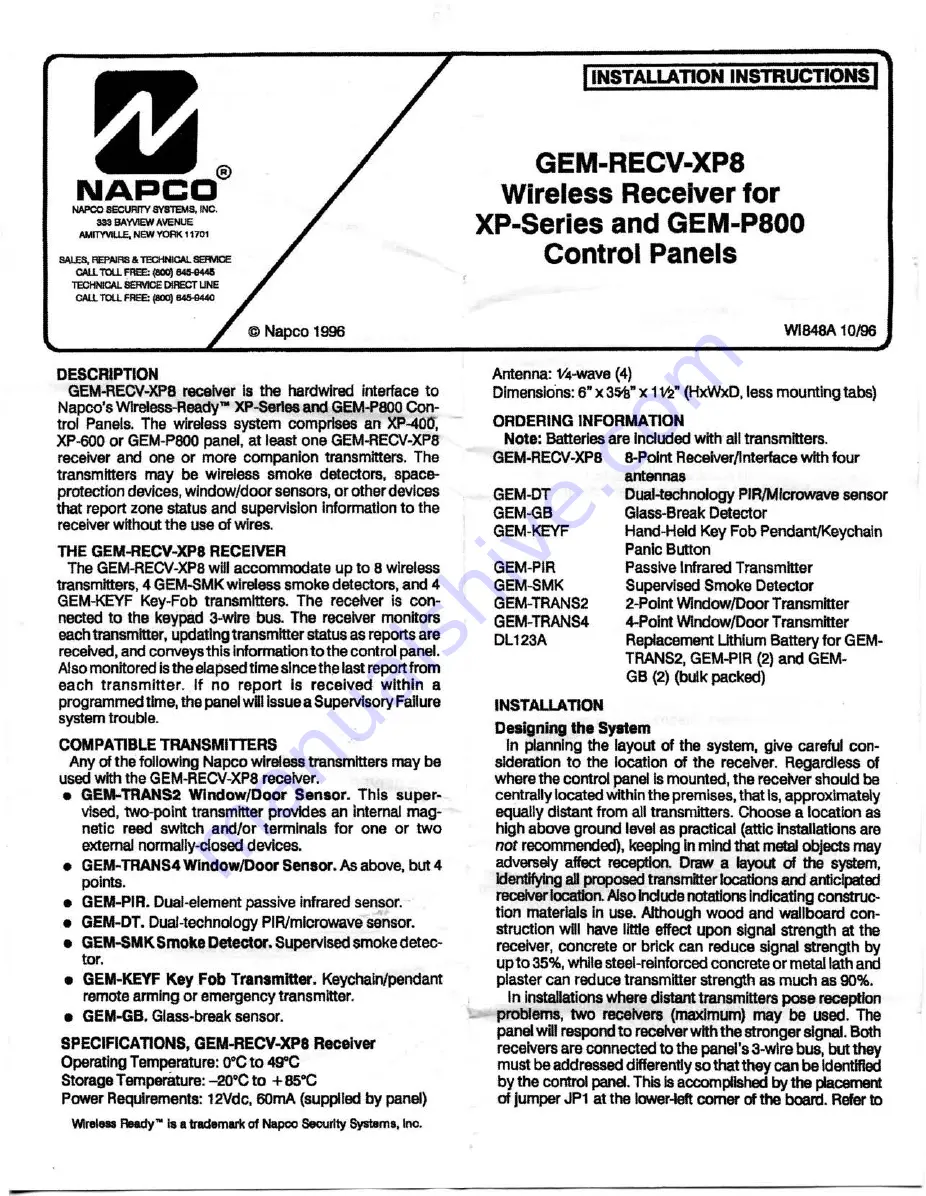 NAPCO GEM-RECV-XPS Installation Instructions Download Page 1