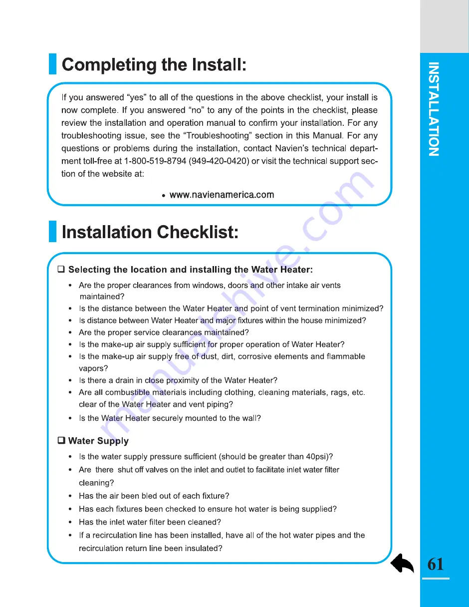 Navien NR-180A Operation & Installation Manual Download Page 61