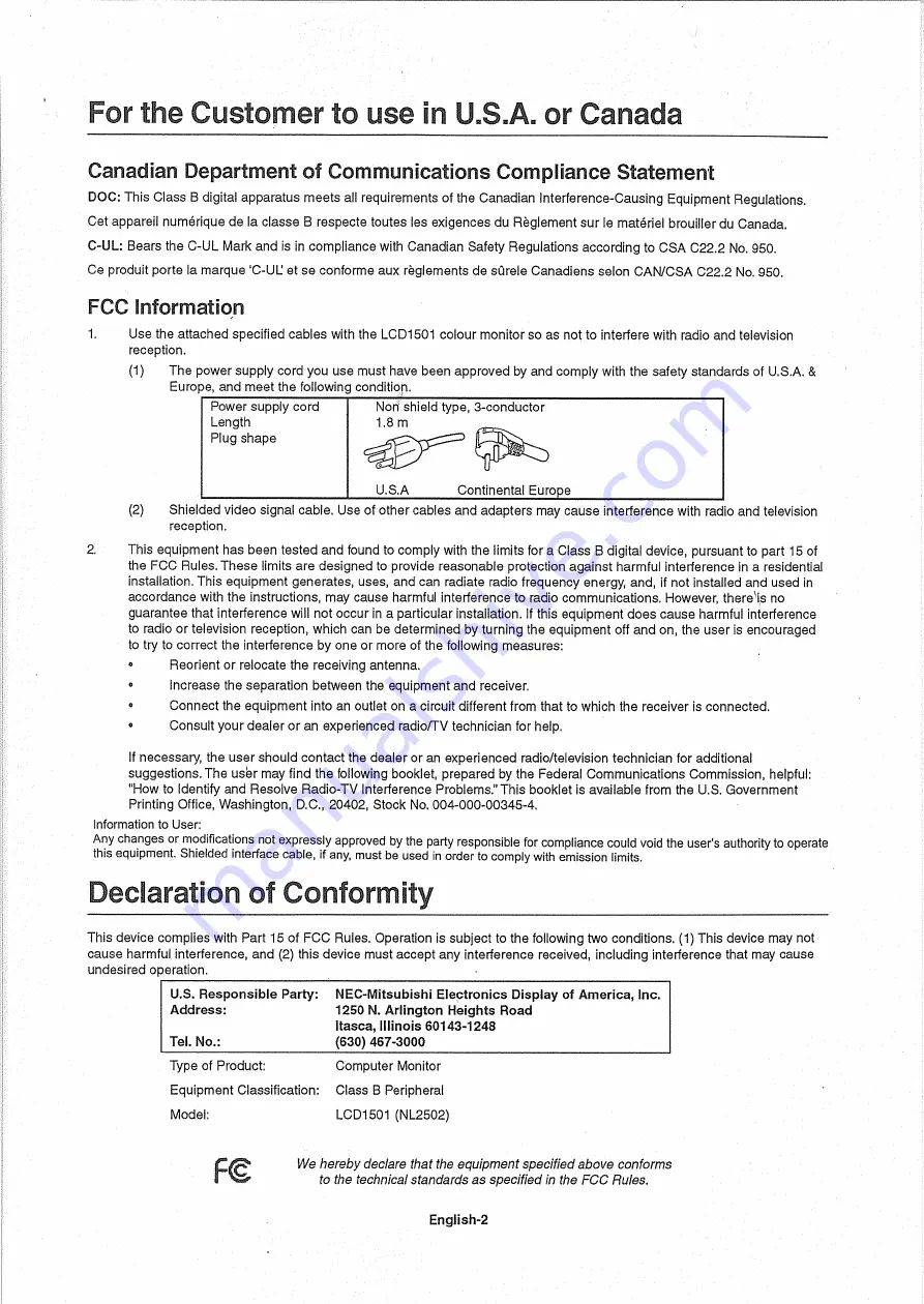 NEC NL2501 User Manual Download Page 3