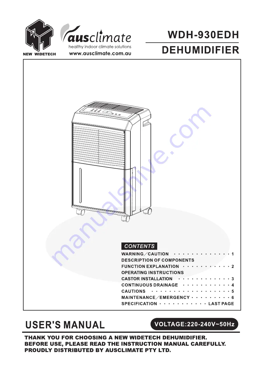 NEW WIDETECH Ausclimate WDH-930EDH User Manual Download Page 1