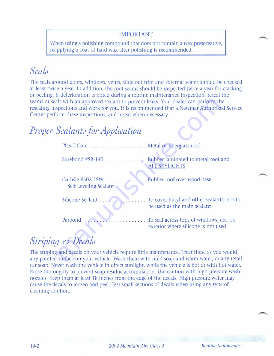 NewMar Mountain Aire Class A 2004 Owner'S Manual Download Page 95