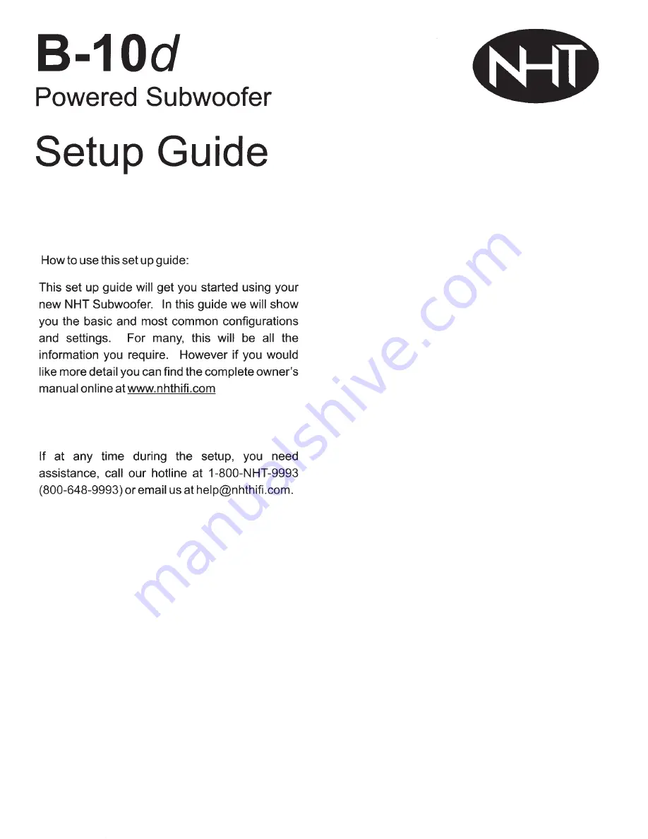 NHT B-10d Setup Manual Download Page 1