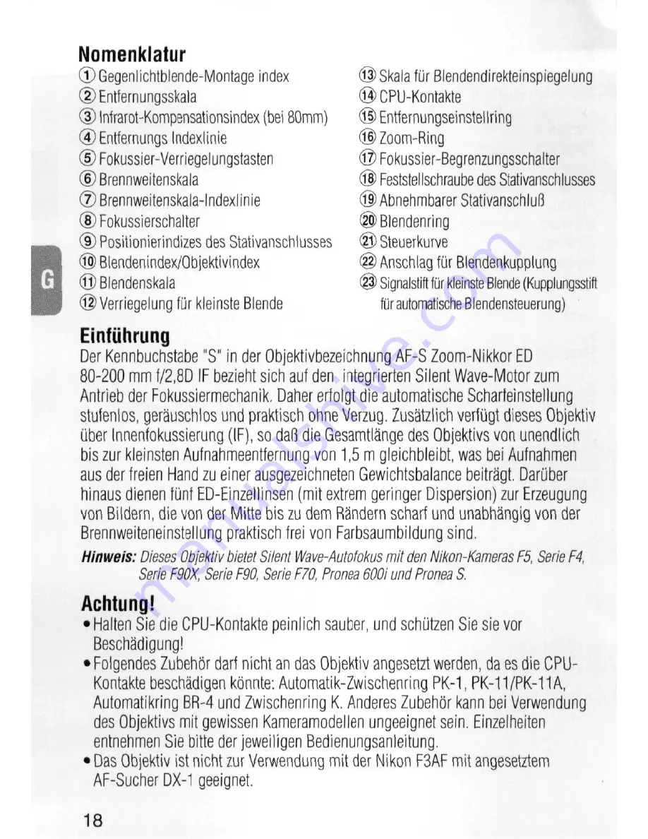 Nikon AF-S Zoom-Nikkor 80-200mm f/2.8D IF-ED (2.5x) Instruction Manual Download Page 18