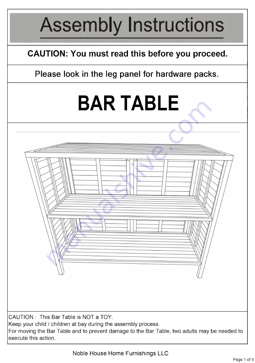 Noble House Home Furnishings BAR TABLE Assembly Instructions Manual Download Page 1