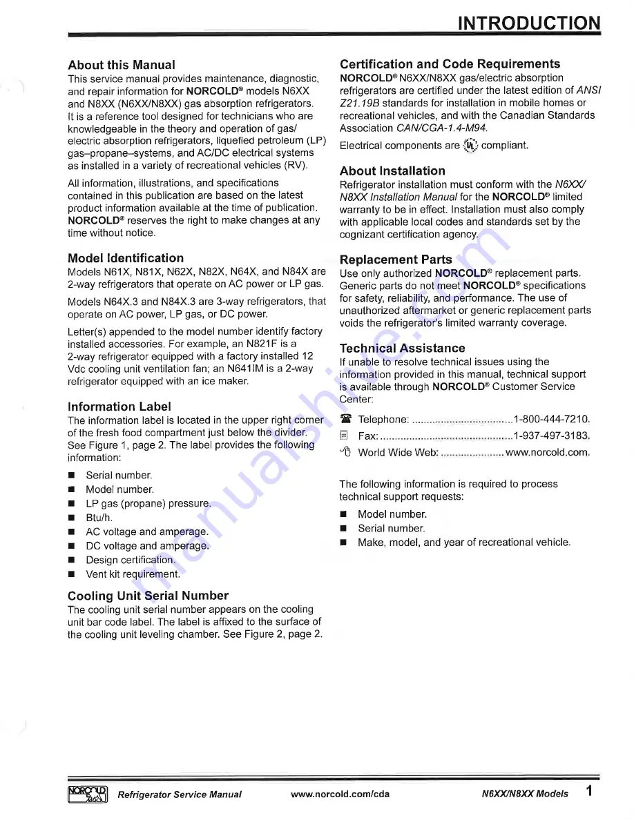 Norcold N61X Series Service Manual Download Page 4