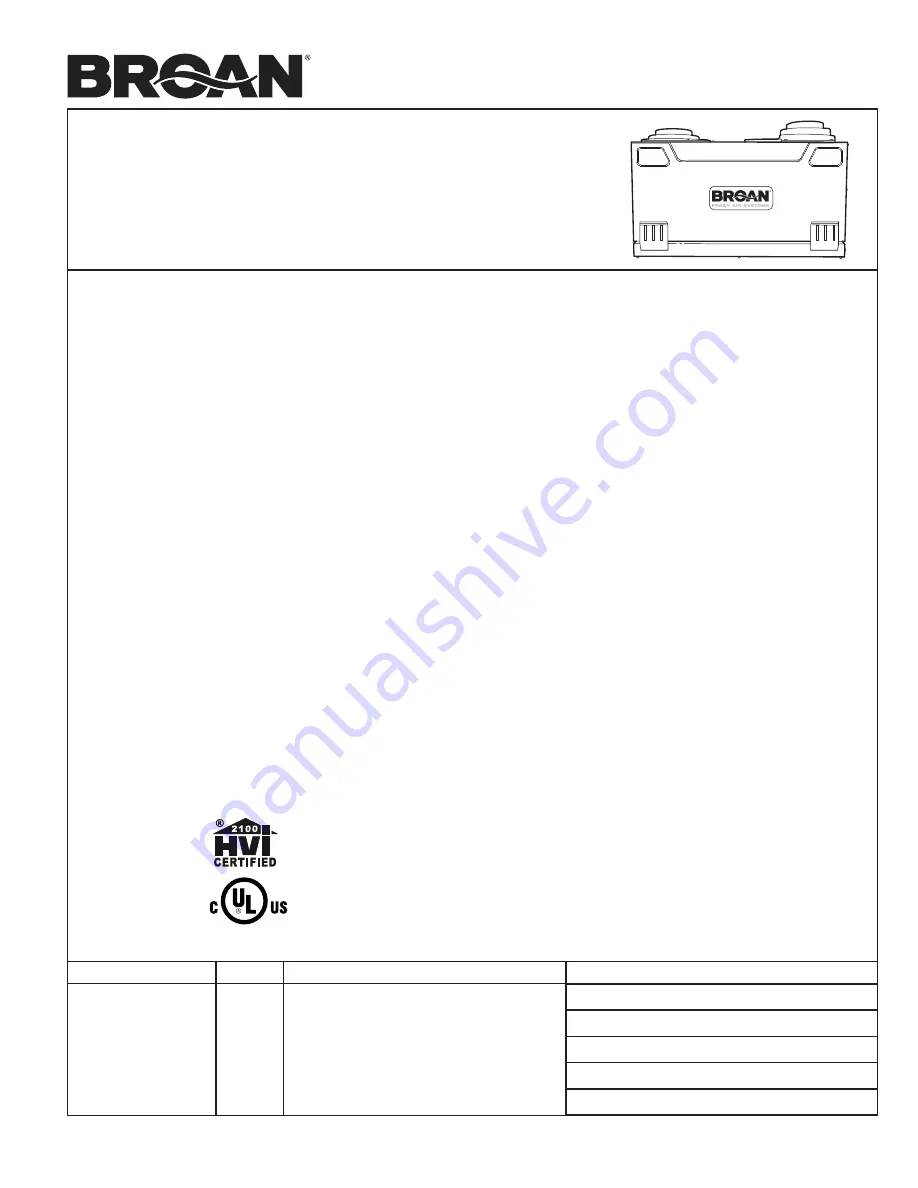 NuTone HRV90H Specification Sheet Download Page 1