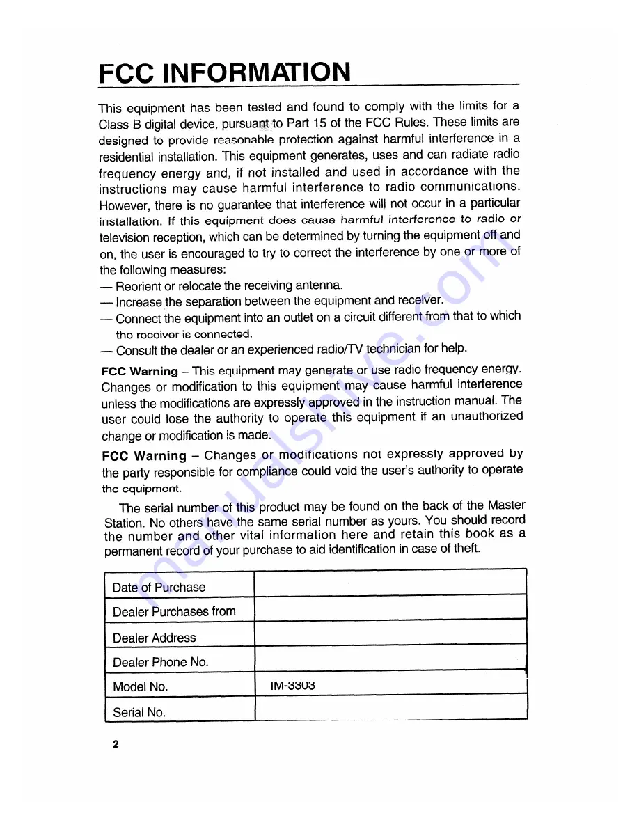 NuTone IM-303 Series Homeowner'S Operating Instructions Download Page 2