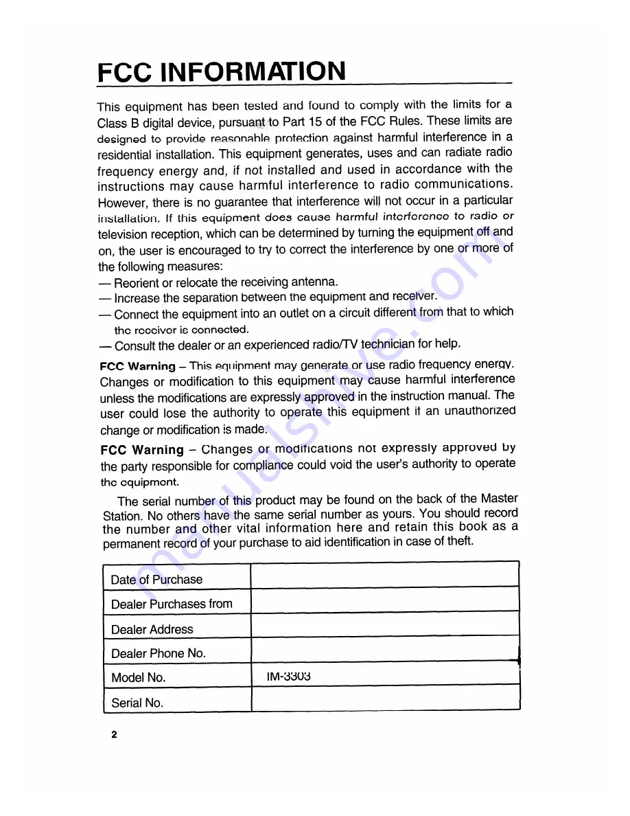 NuTone IM-3303 Series Homeowner'S Operating Instructions Download Page 2