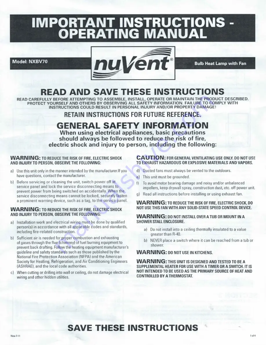 nuVent NXBV70 Operating Instructions Download Page 1